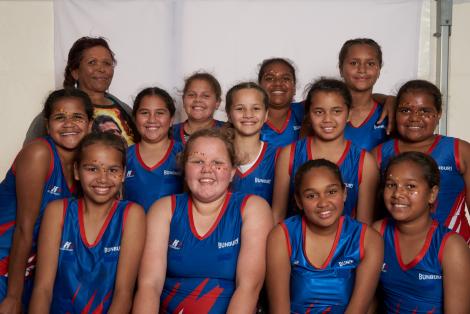 Potrait of Moorditj Yorgas Netball team: Rosemary, Meletia, Tiffany, Monique, Eileen, Kirralee, Krystelle, Amelia, Alleyah, Iesha, Ashley a